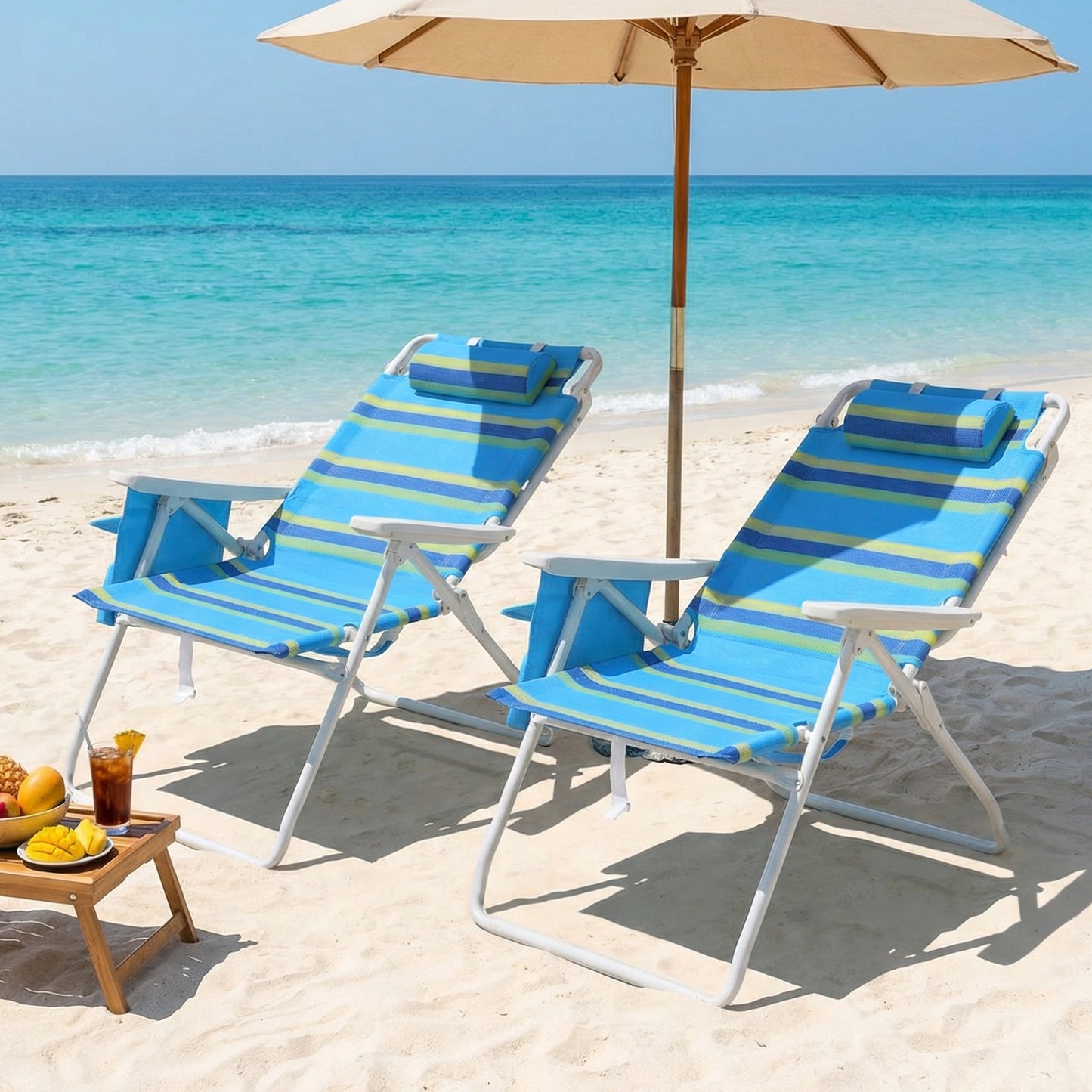 Pirecart Tall Beach Chairs for Adults, Portable Beach Chairs W/ 5-Position Lay Flat & Cooler Pouch, for Beach, Camp, Outdoor