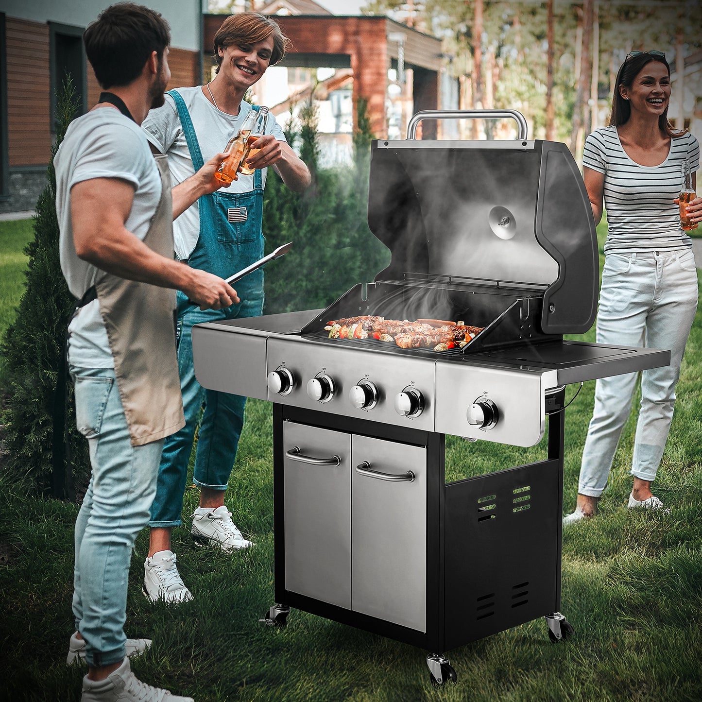 pirecart 4-Burner Outdoor Propane Gas Grill, 40,000 BTU Output Stainless Steel BBQ Grill with 12,000 BTU Side Burner