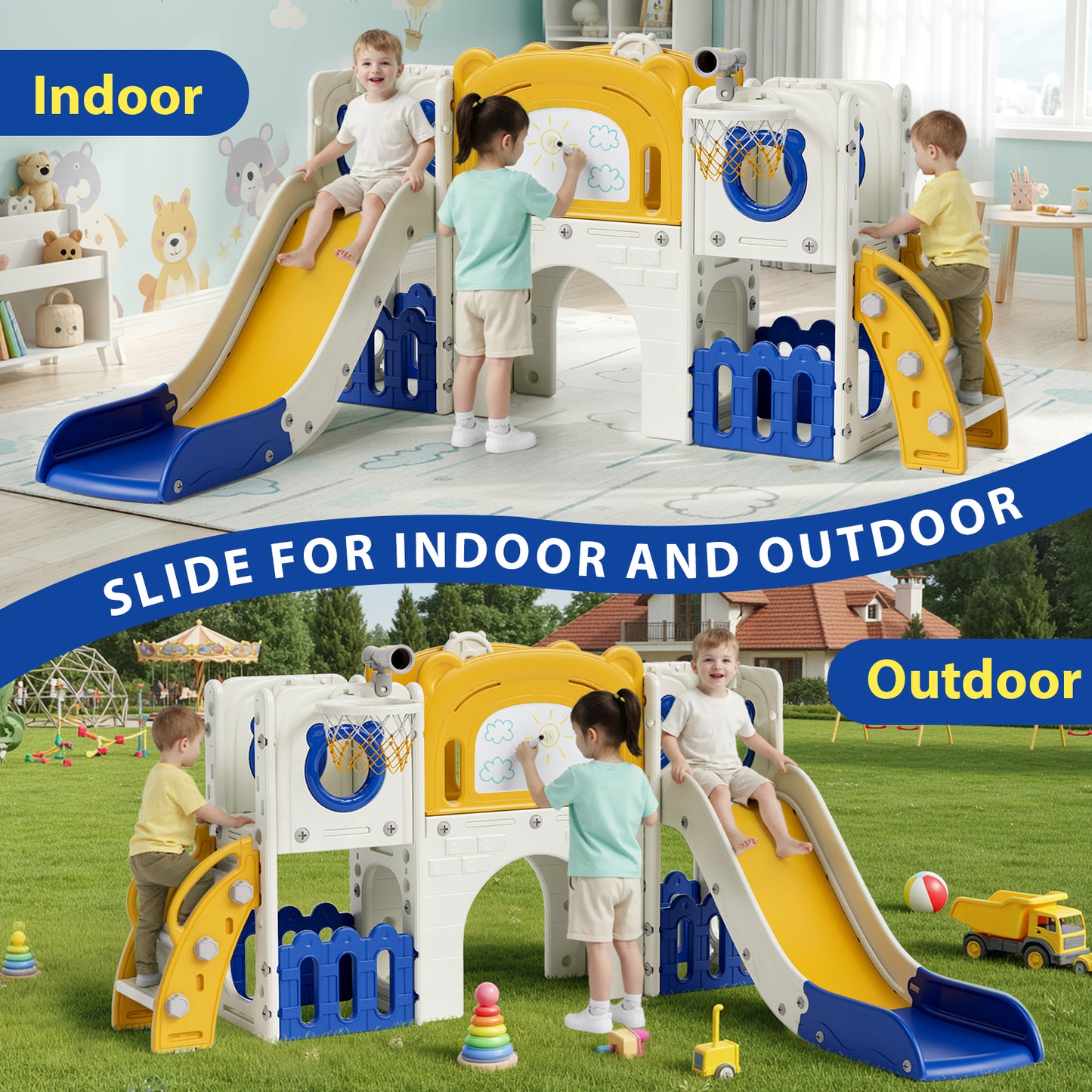 Pirecart 10-in-1 Kids Slide, Indoor Outdoor Toddler Slide Playground with Drawing Board, Basketball Hoop, Tunnel & Storage for Playroom, Kindergarten, Backyard, Gift for Children Age 3+