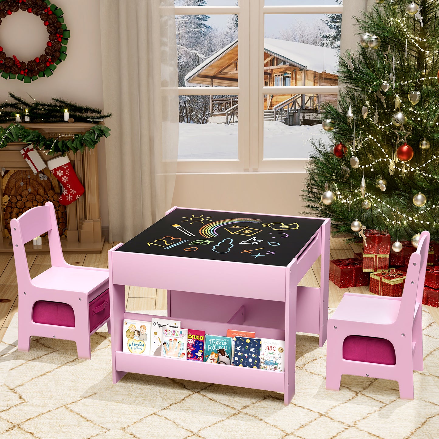 Pirecart Kids Table and Chair Set, 4 in 1 Wooden Art Table with Reversible Tabletop, Blackboard, Storage Drawer, Kids Activity Table Set for Drawing, Playing, Learning