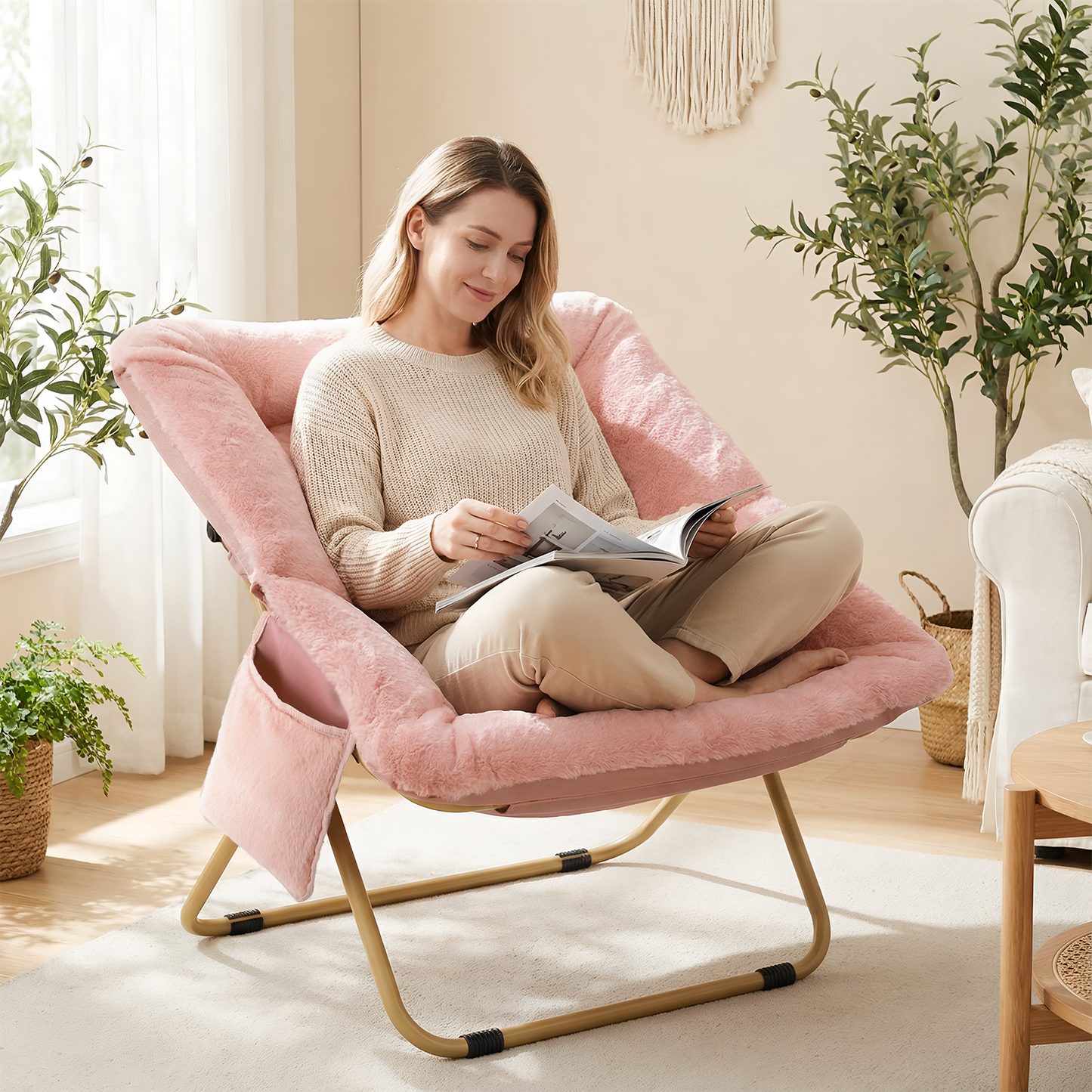 Pirecart Comfy Moon Chair, Foldable Soft Faux Fur Lounge Chair for Living Room, Bedroom, Dorms, X-Large Reading Chair