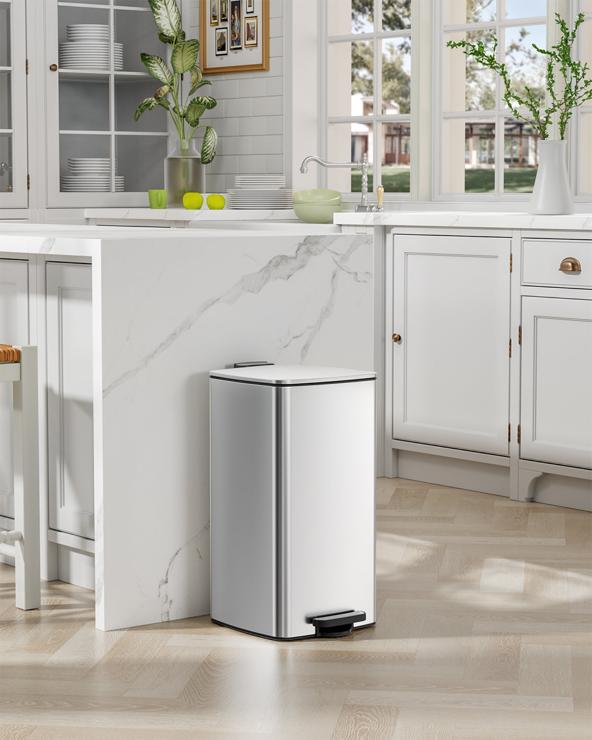 Pirecart 8 gal Trash Can, Stainless Steel Square Garbage Can with Soft-Close Lid & Removable Bucket, Fingerprint-Proof Step Garbage Bin for Kitchen, Living Room