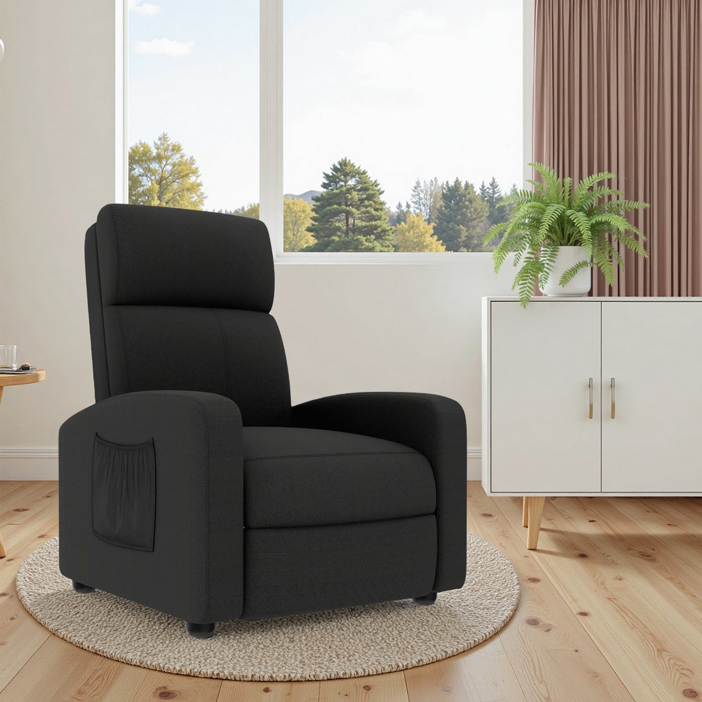 Pirecart Fabric Reclining Chair, Single Sofa Chair with Thicker Seat Cushion and a Side Pocket, Home Theater Seating with Adjustable Backrest and Footrest