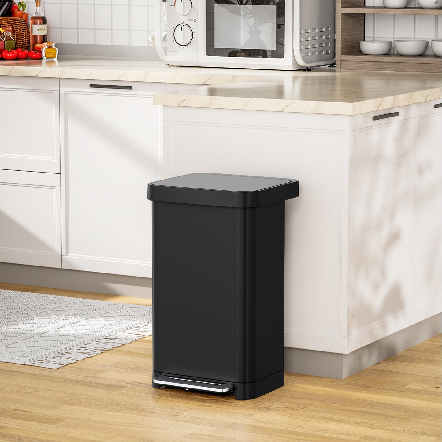 Pirecart 13.2 Gal Stainless Steel Trash Can, Soft-Close Lid Grabage Can with 15 Inner Bags, Rear Trash Bag Storage Compartment, Large Capacity Step Trash Can With Built-In Deodorizer Box