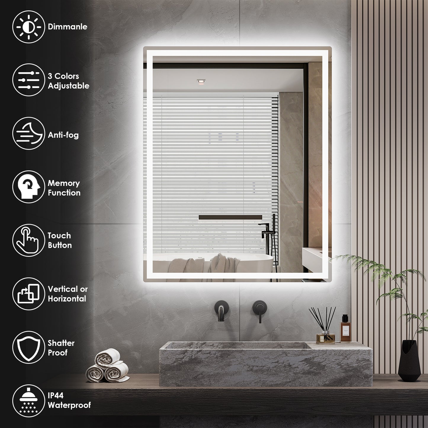 pirecart Bathroom LED Mirror Wall Mounted Vanity Mirror with Anti-Fog (Front & Backlit)