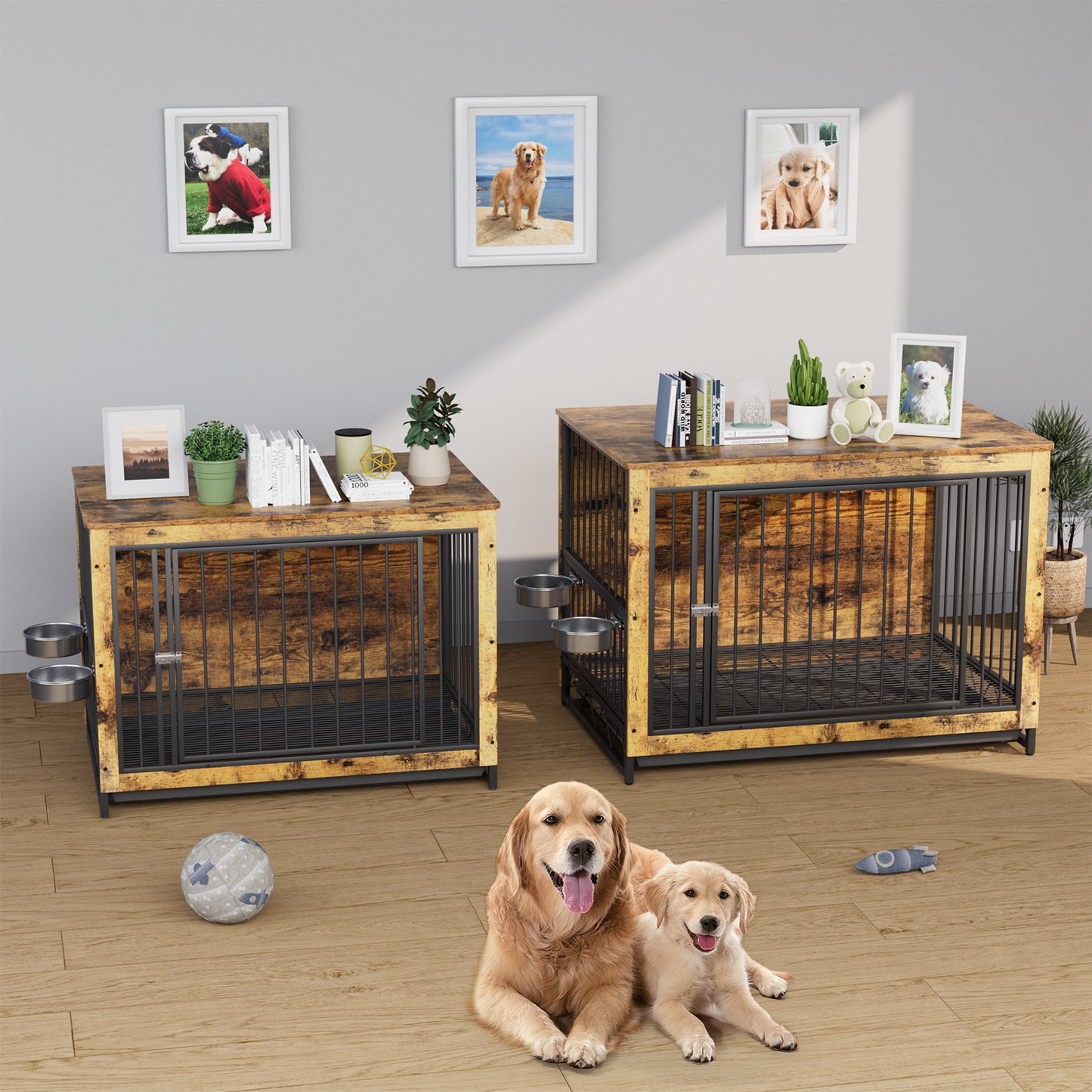 pirecart 39/44 inch Furniture Style Dog Crate with 2 Bowls, Large Wooden End Table Dog House