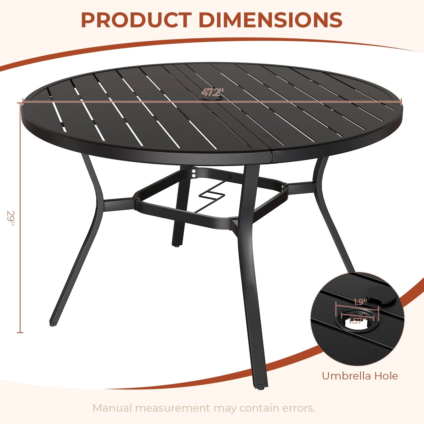 Pirecart Patio Table, Patio Dining Table with Adjustable Umbrella Hole & Foot Pads, Outdoor Round Dining Table , Metal Steel Frame & Non-Rust E-coating, for All Weather