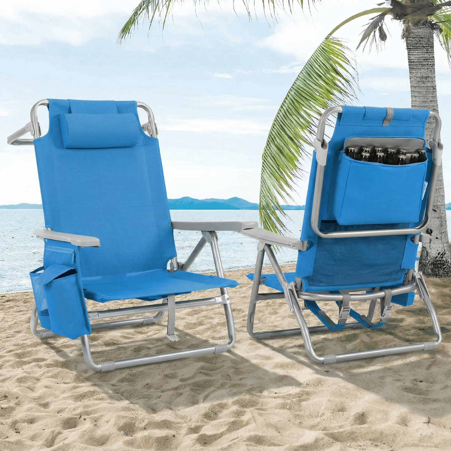 Foldable Beach Chair, 5-Position Lay Flat Reclining Beach Chair W/ Headrest, Storage Bag, Cooler Pouch,Towel Bar, Foot Mat