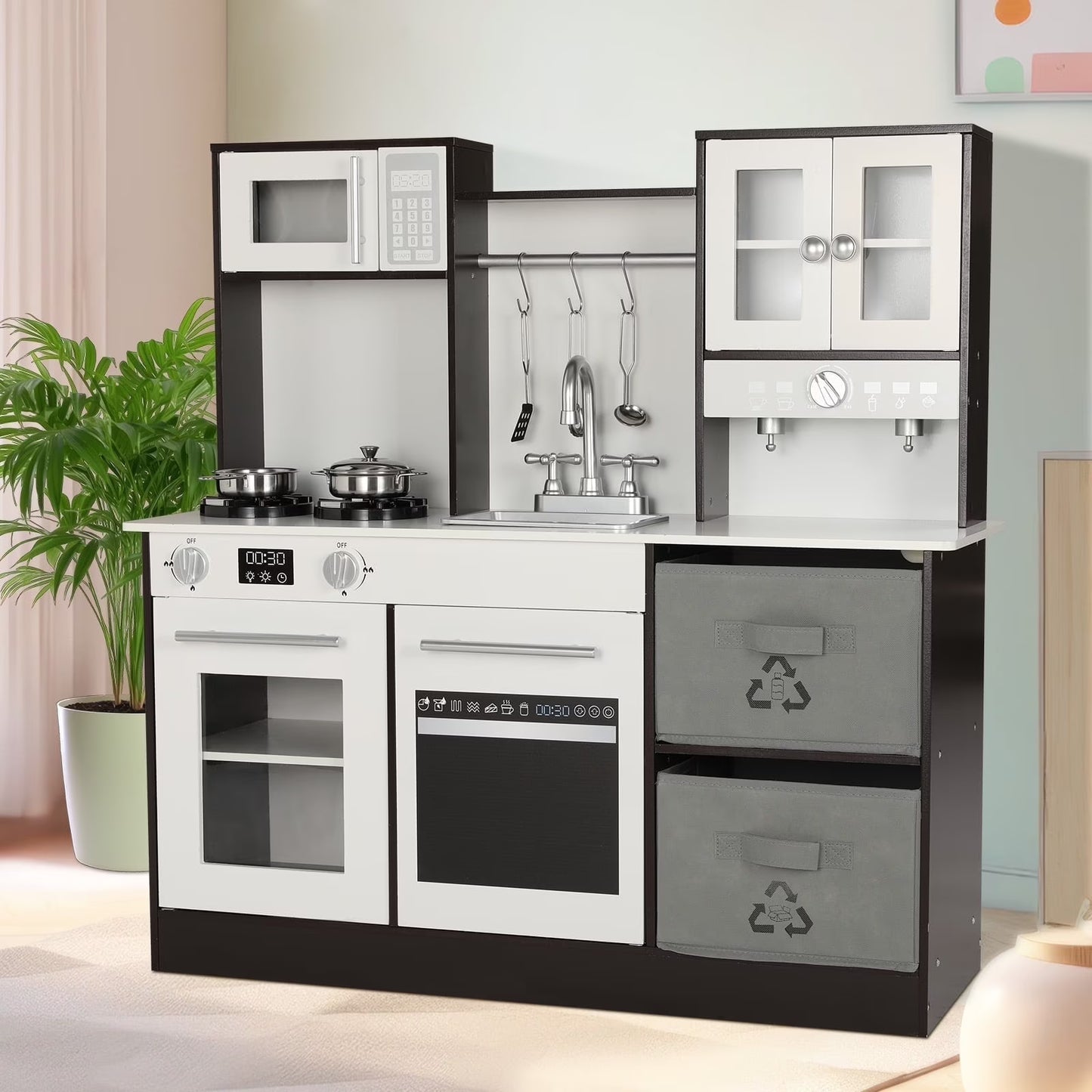 pirecart Kids Play Kitchen Wooden Pretend Toy Kitchen with Utensils, Sink, Microwave, Lights, Sounds and 2 Fabric Boxes