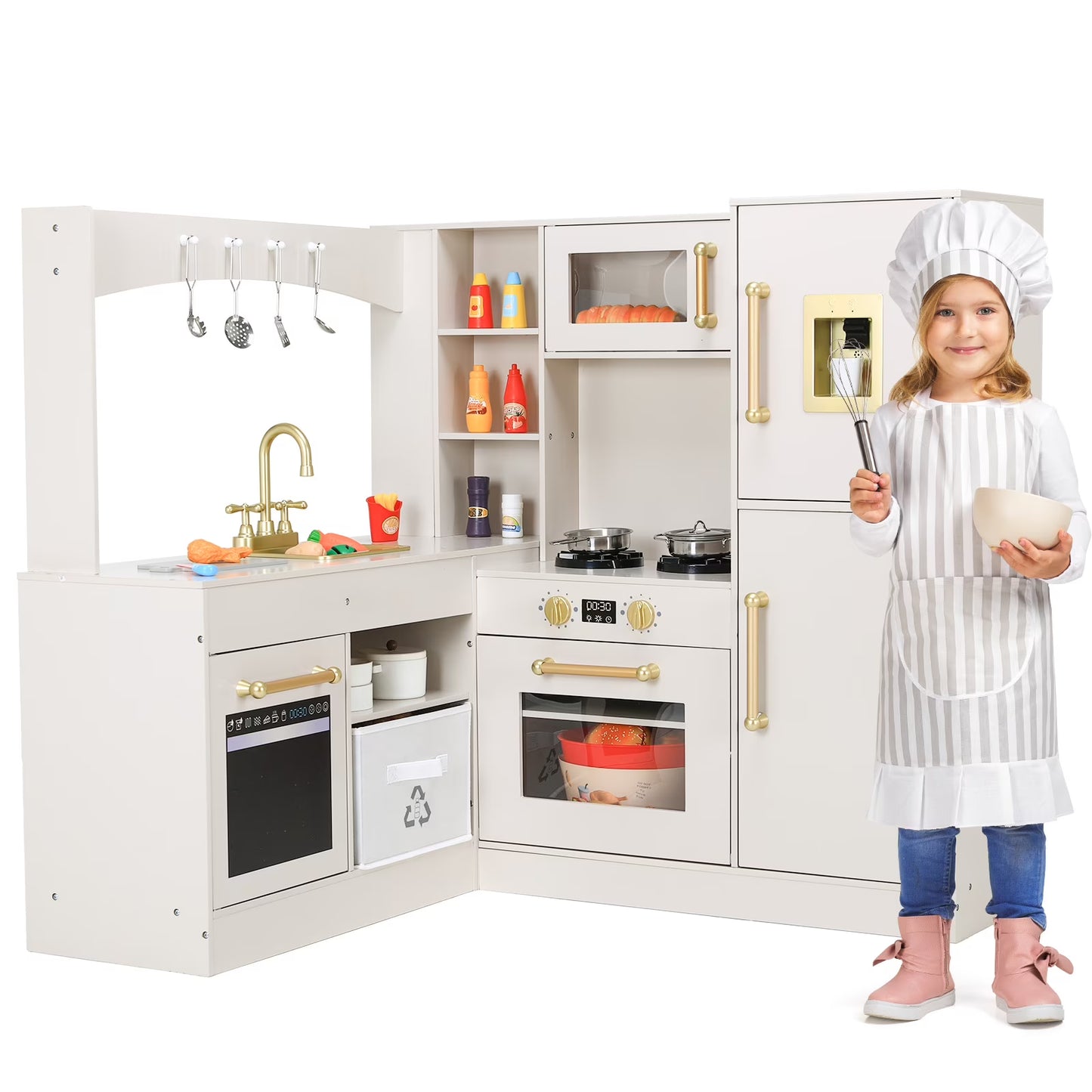 pirecart Large Corner Play Kitchen for Kids, Wooden Pretend Toy Kitchen Toodler Cooking Playset with Light & Sound
