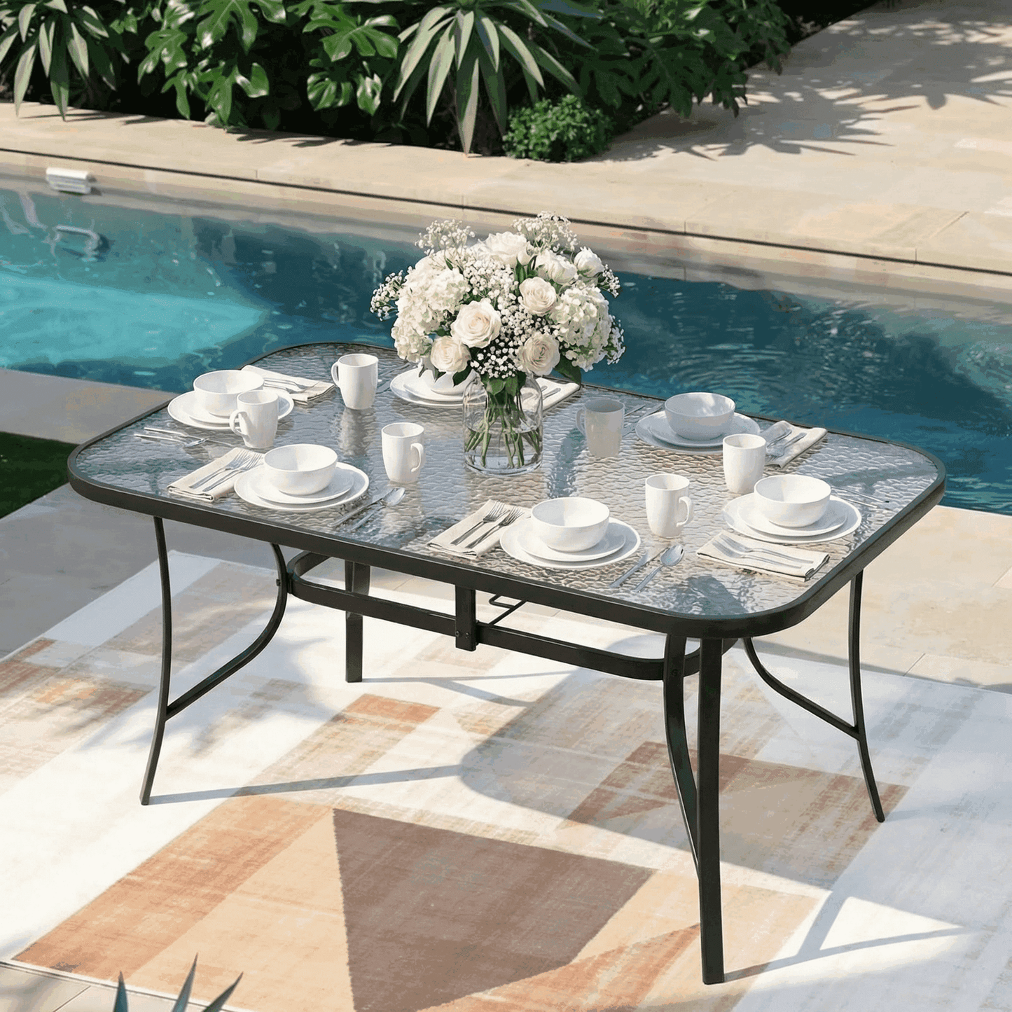 Piecart Outdoor Dining Table with Umbrella Hole, Rectangular Glass Patio Table, Patio Table for Outside, Garden, Balcony