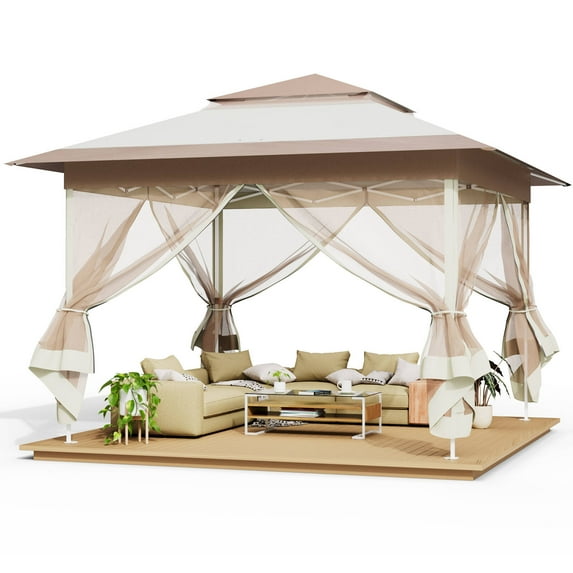 pirecart 11x11 / 13x13 ft Pop Up Gazebo, Outdoor Instant Canopy Tent w/4 Netting Sidewall & Auto Extending Eave, Patio Gazebos Shelter