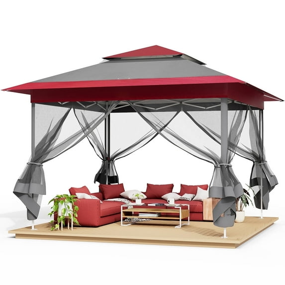 pirecart 11x11 / 13x13 ft Pop Up Gazebo, Outdoor Instant Canopy Tent w/4 Netting Sidewall & Auto Extending Eave, Patio Gazebos Shelter