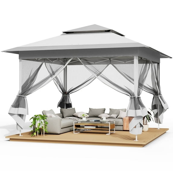 pirecart 11x11 / 13x13 ft Pop Up Gazebo, Outdoor Instant Canopy Tent w/4 Netting Sidewall & Auto Extending Eave, Patio Gazebos Shelter