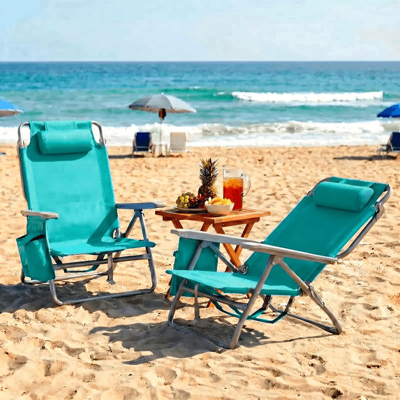 Foldable Beach Chair, 5-Position Lay Flat Reclining Beach Chair W/ Headrest, Storage Bag, Cooler Pouch,Towel Bar, Foot Mat