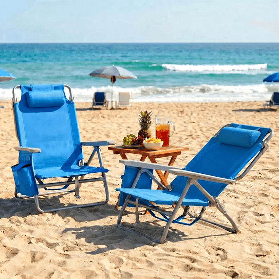 Foldable Beach Chair, 5-Position Lay Flat Reclining Beach Chair W/ Headrest, Storage Bag, Cooler Pouch,Towel Bar, Foot Mat