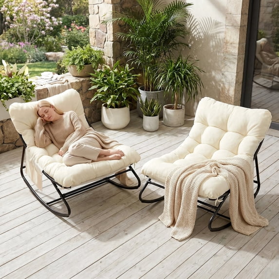 Pirecart Outdoor Papasan Rocking Chair, Lounge Chair with Cushion & Side Pocket, Metal Frame, Patio Rocker Chair for Balcony Backyard