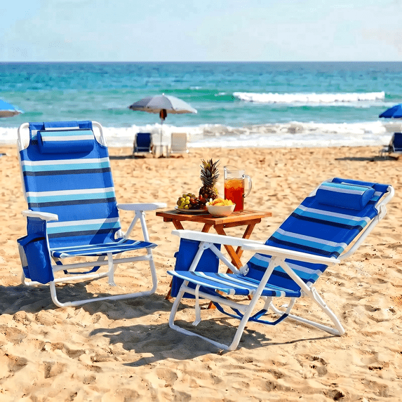 Foldable Beach Chair, 5-Position Lay Flat Reclining Beach Chair W/ Headrest, Storage Bag, Cooler Pouch,Towel Bar, Foot Mat