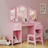 Pirecart 2 in1 Girls' Vanity Table and Chair Set, Wooden Toddlers Princess Dressing Table with Stool