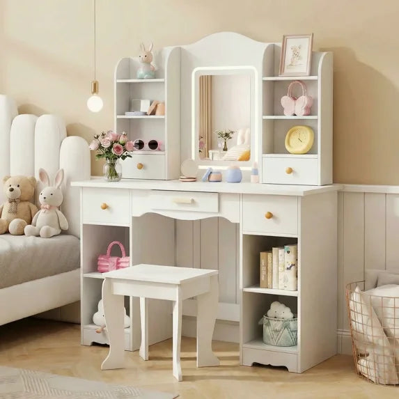 Pirecart Kids Vanity with 3 Color Lights, Girls Vanity Set with Mirror, Storage Drawer, Pretend Play Makeup Desk, with Detachable shelf
