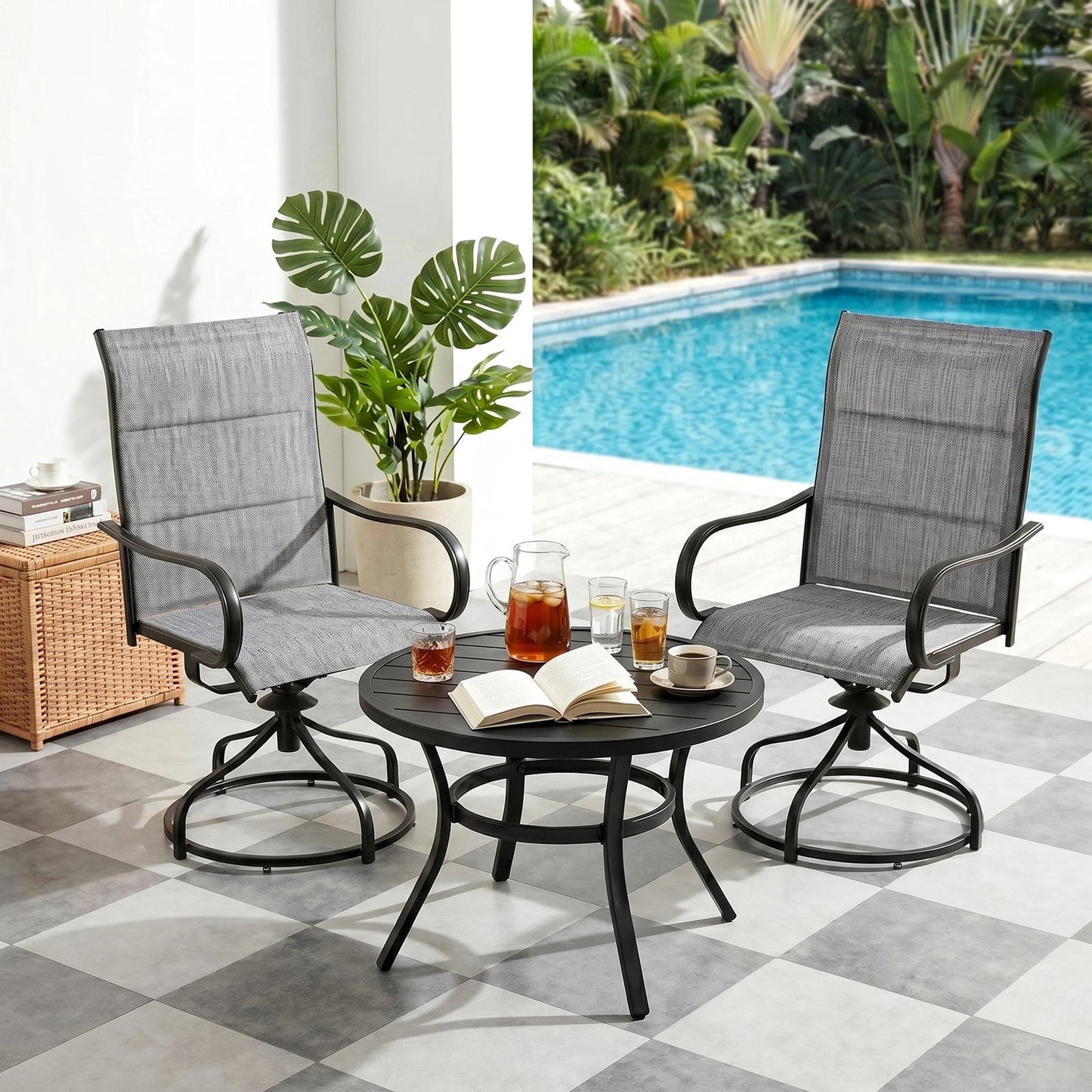 Pirecart Padded Patio Swivel Chairs Set of 2, Outdoor 360° Dining Chairs W/ Metal Rocking Frame & Armrest, High Back Textilene Patio Dining Chairs