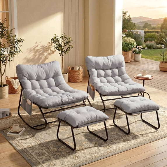 Pirecart Outdoor Papasan Rocking Chair, Lounge Chair with Cushion & Side Pocket, Metal Frame, Patio Rocker Chair for Balcony Backyard