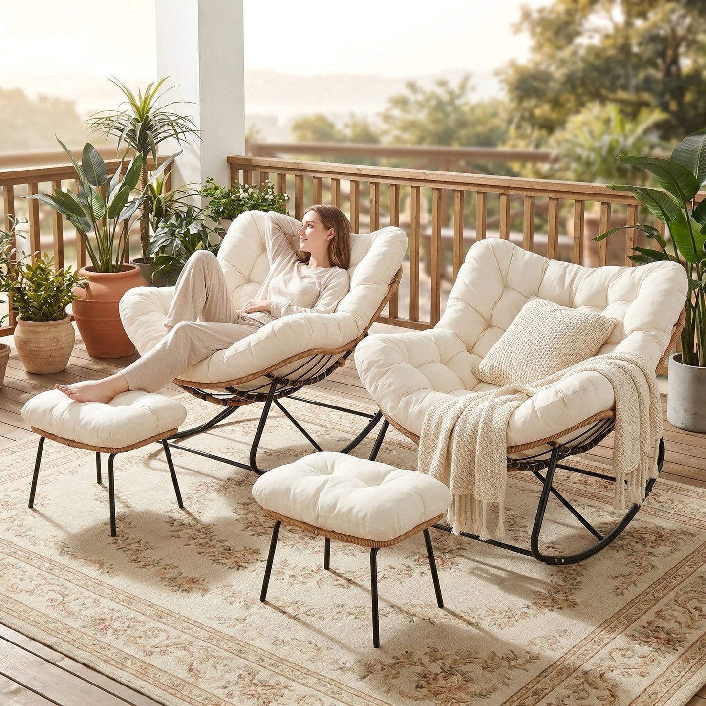 Pirecart Papasan Rocking Chair, Indoor Outdoor Comfy Papasan Chair, Wicker Egg Lounge Chair, Oversized Rocking Chair with Cushion for Living Room/Porch/Garden