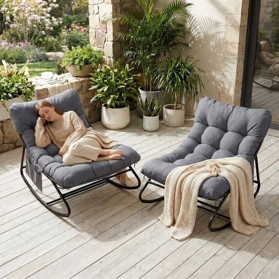 Pirecart Outdoor Papasan Rocking Chair, Lounge Chair with Cushion & Side Pocket, Metal Frame, Patio Rocker Chair for Balcony Backyard