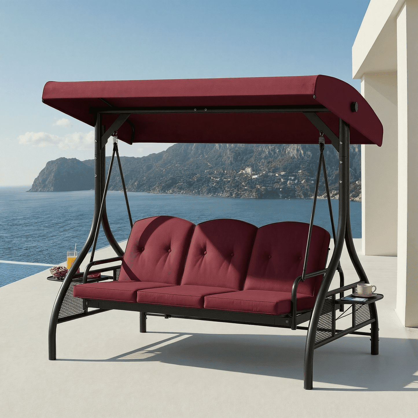Pirecart Patio Porch Swing, 3 Seat Porch Swing with Stand and Adjustable Canopy, Outdoor Swing with Cup Holder & 180° Reclining Chair Back for Yard Garden Deck