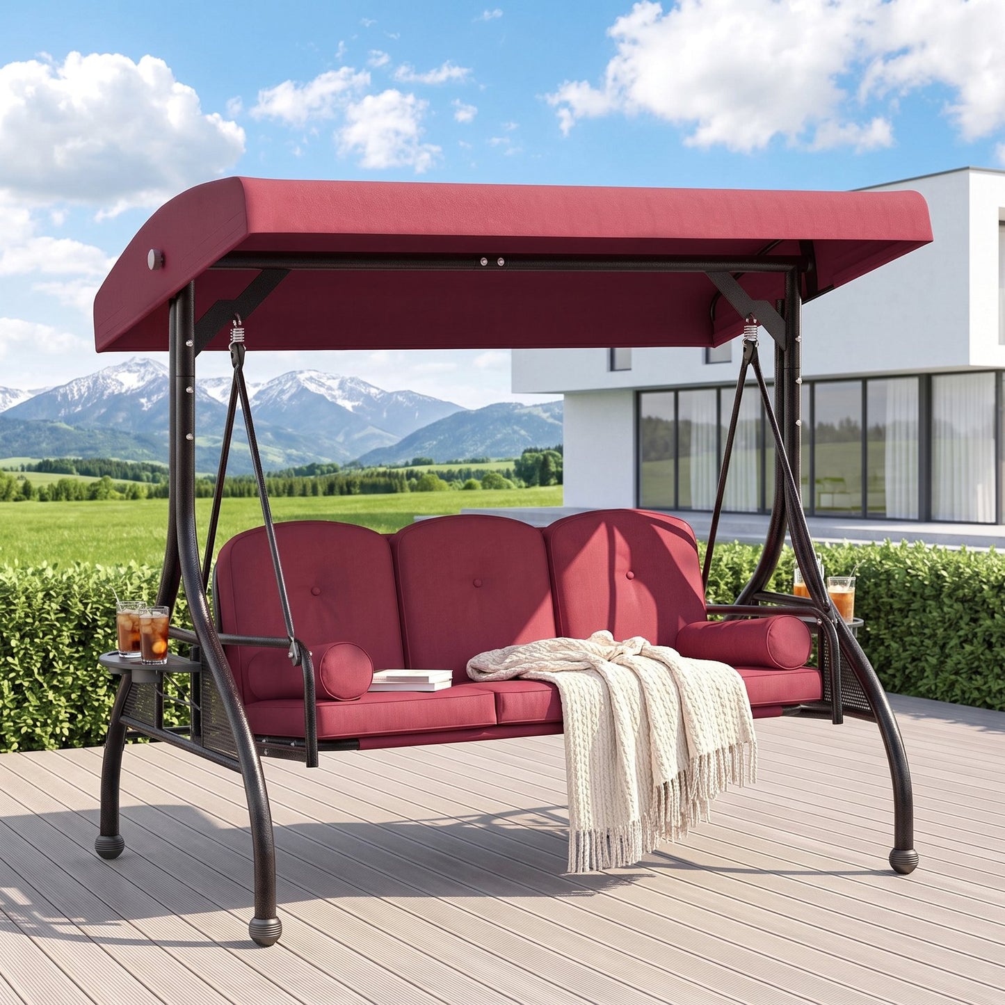Pirecart Patio Porch Swing, 3 Seat Porch Swing with Stand and Adjustable Canopy, Outdoor Swing with Cup Holder & 180° Reclining Chair Back for Yard Garden Deck