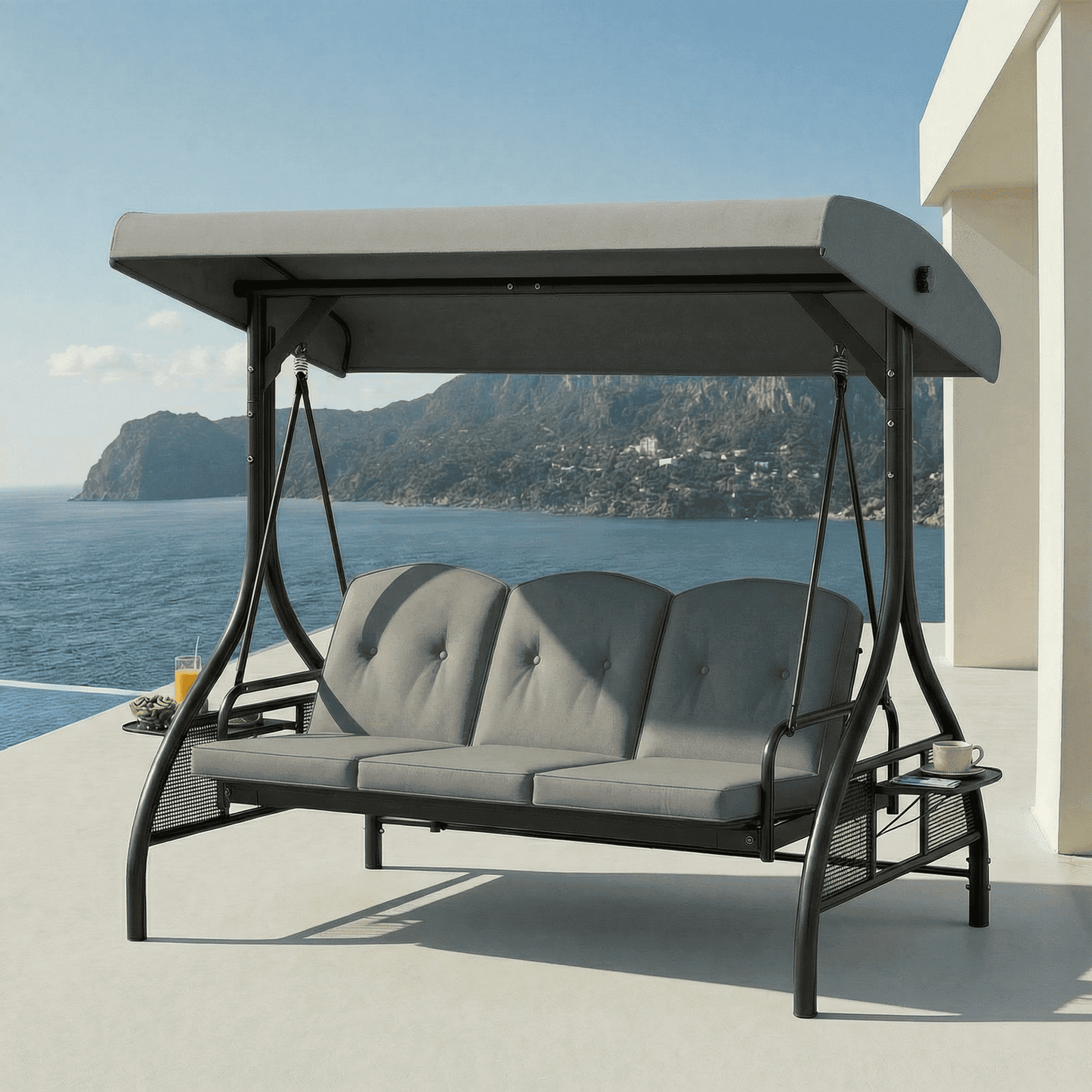 Pirecart Patio Porch Swing, 3 Seat Porch Swing with Stand and Adjustable Canopy, Outdoor Swing with Cup Holder & 180° Reclining Chair Back for Yard Garden Deck