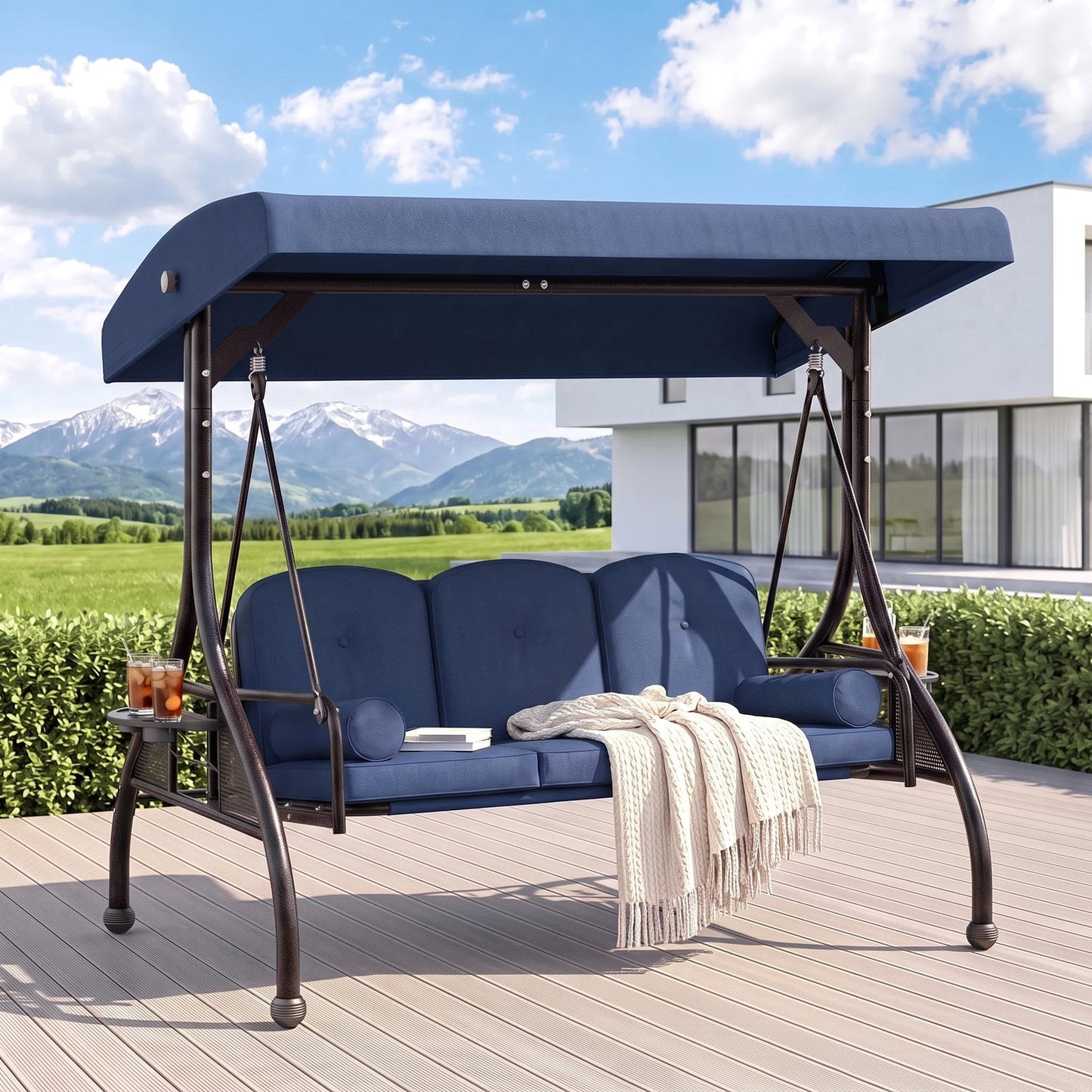 Pirecart Patio Porch Swing, 3 Seat Porch Swing with Stand and Adjustable Canopy, Outdoor Swing with Cup Holder & 180° Reclining Chair Back for Yard Garden Deck