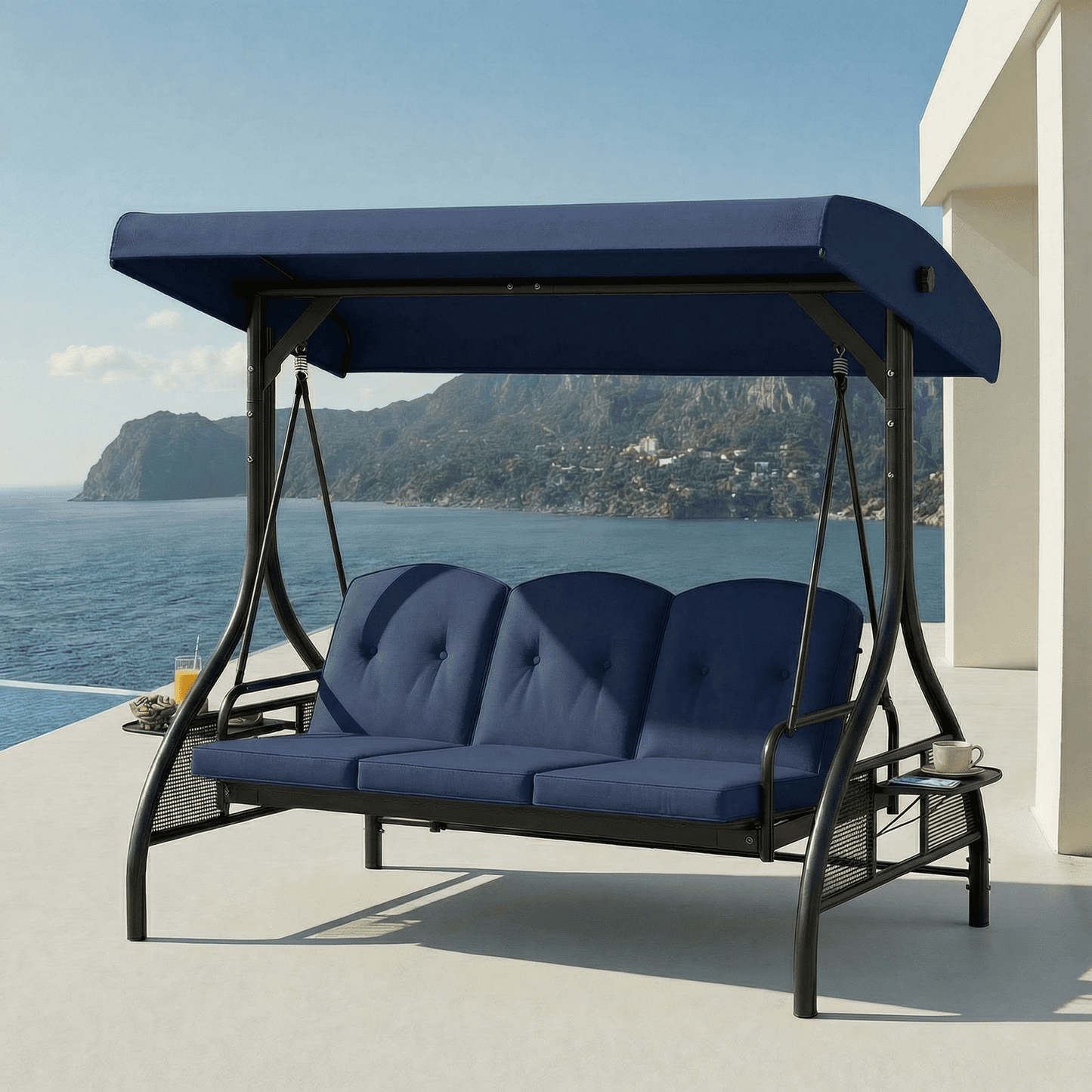 Pirecart Patio Porch Swing, 3 Seat Porch Swing with Stand and Adjustable Canopy, Outdoor Swing with Cup Holder & 180° Reclining Chair Back for Yard Garden Deck