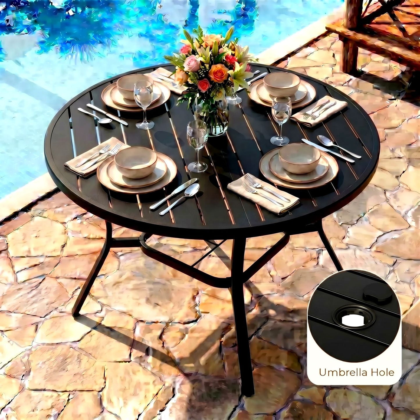 Pirecart Patio Table, Patio Dining Table with Adjustable Umbrella Hole & Foot Pads, Outdoor Round Dining Table , Metal Steel Frame & Non-Rust E-coating, for All Weather