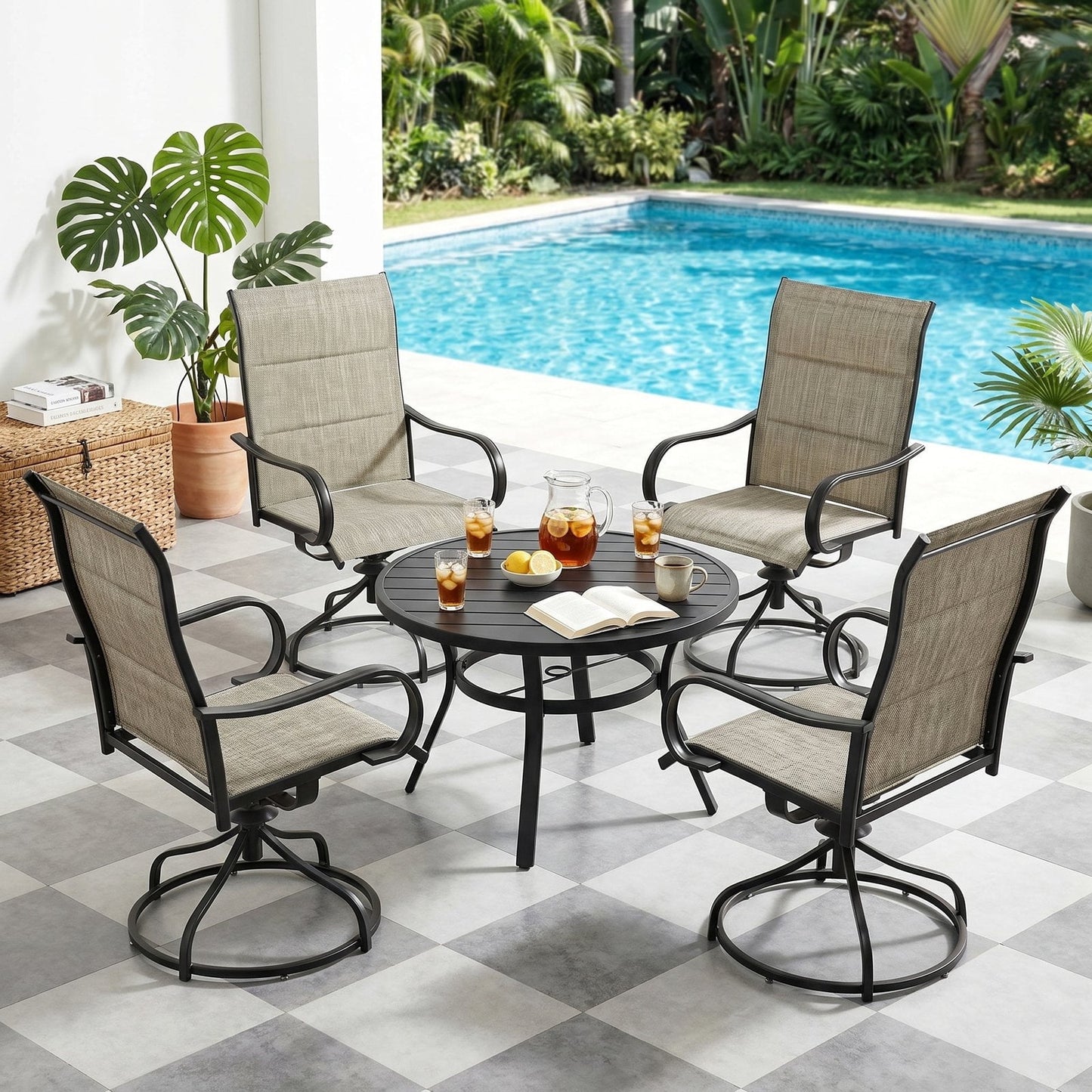 Pirecart Padded Patio Swivel Chairs Set of 2, Outdoor 360° Dining Chairs W/ Metal Rocking Frame & Armrest, High Back Textilene Patio Dining Chairs