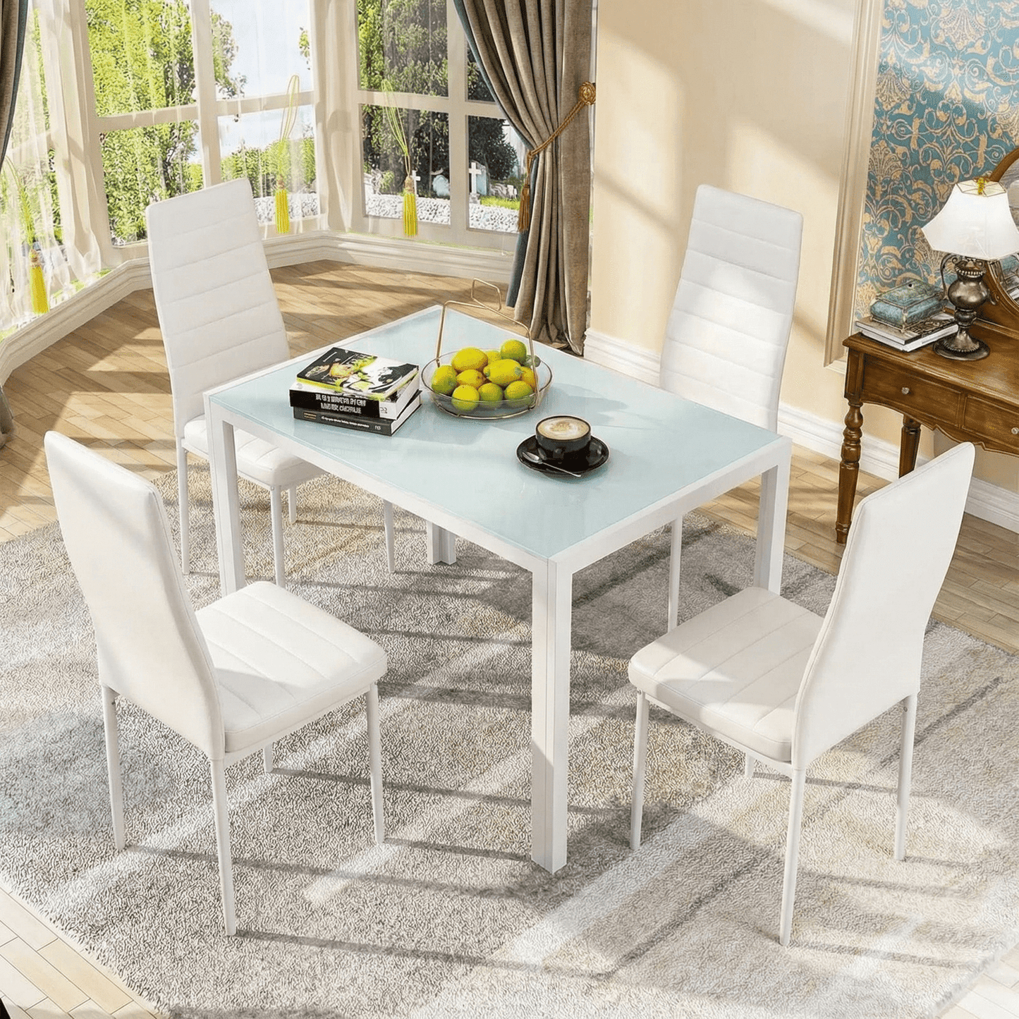 Pirecart Dining Set of 5, 4 Upholstered PU Chairs W/ Tempered Glass Dining Table, Esay-Cleaning & Space-Saving Dining set, Metal Steel Frame Dining Room Set