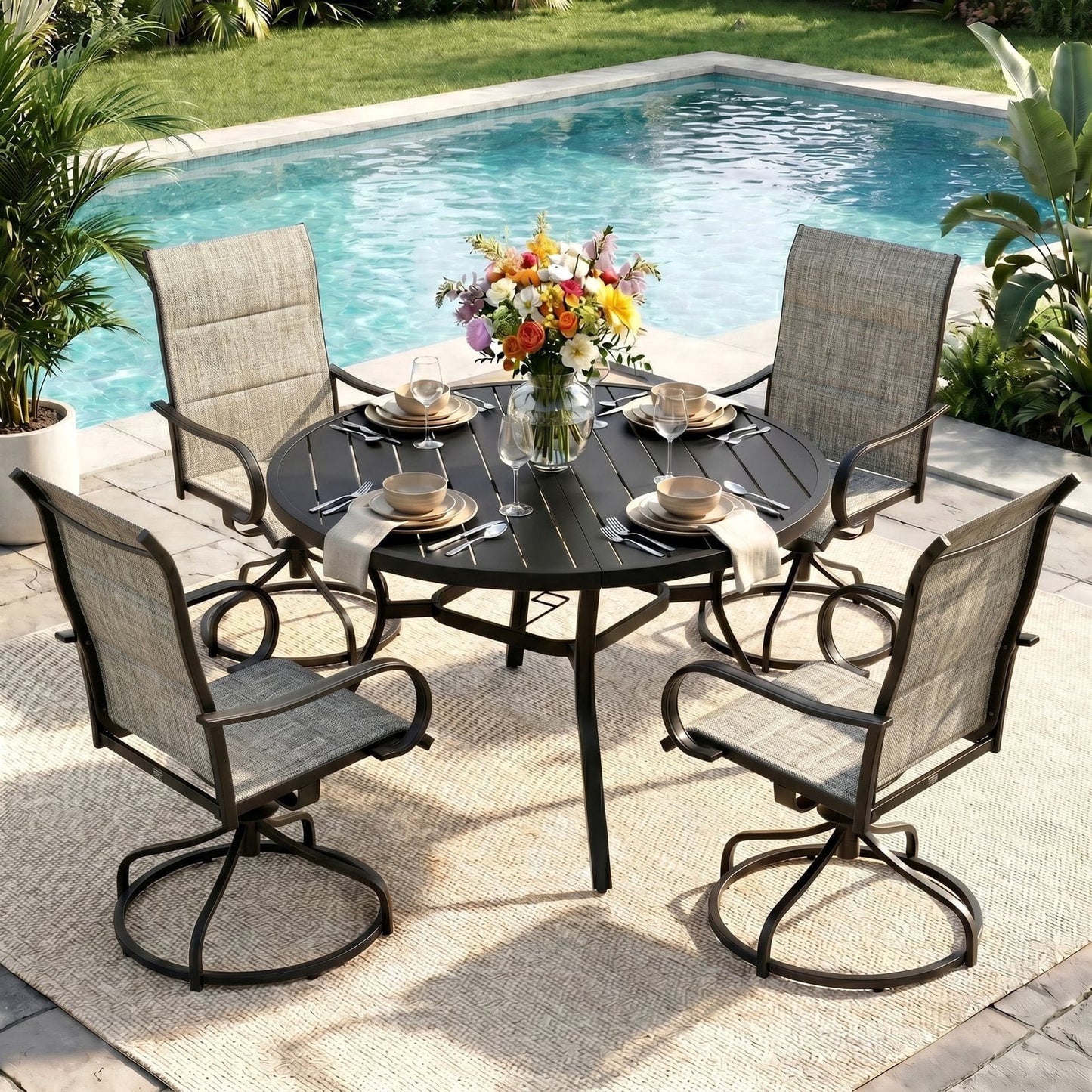 Pirecart Outdoor Table and Chairs Set for 4, Patio Dining Set with 4 Textilene Fabric Swivel Chairs and 47.2" Round Metal Table, 1.57"-1.8" Adjustable Umbrella Hole & Foot Pads