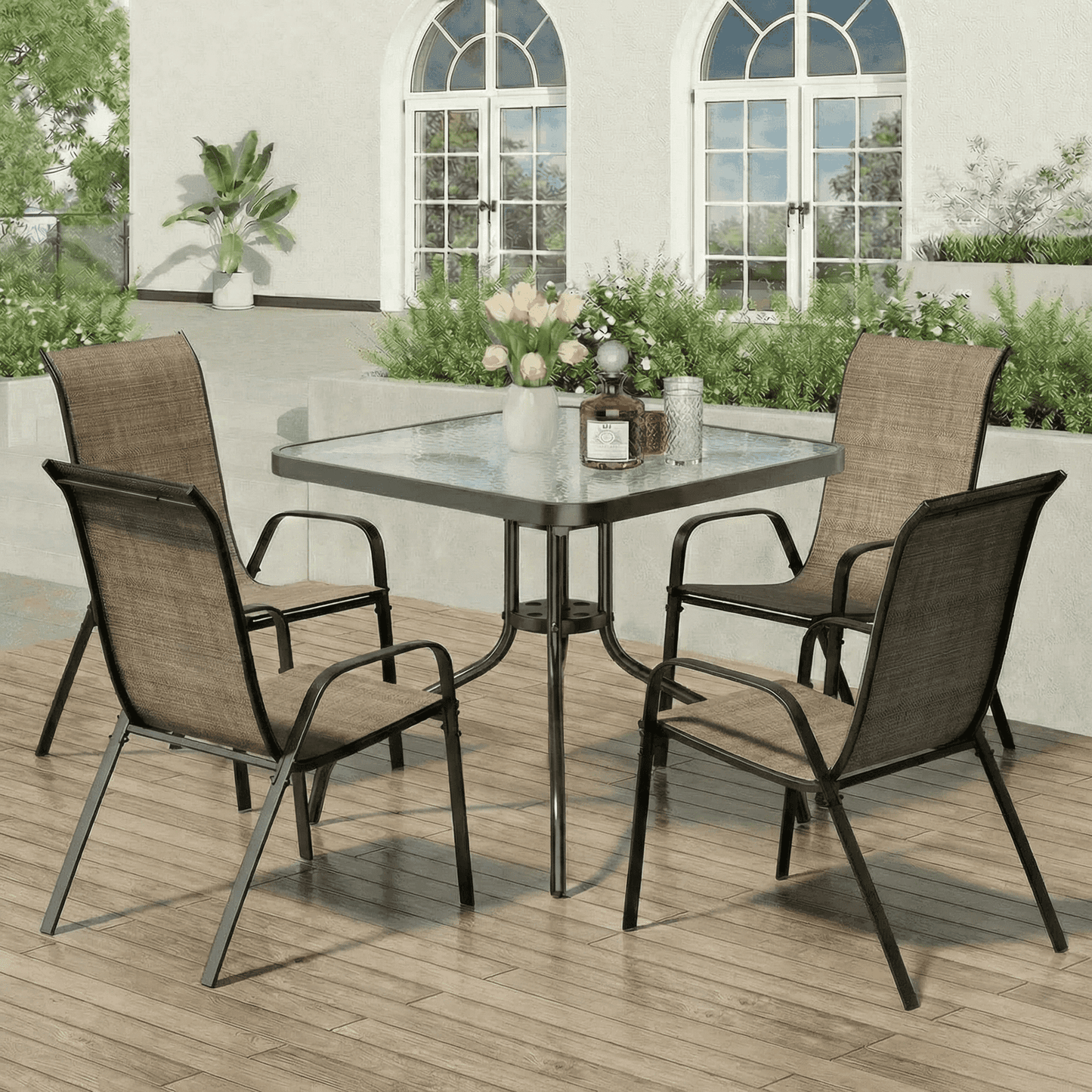 Pirecart Patio Dining Set of 5, Outdoor Furniture Set with 4 Stackable Textilene Armchairs & Square Table