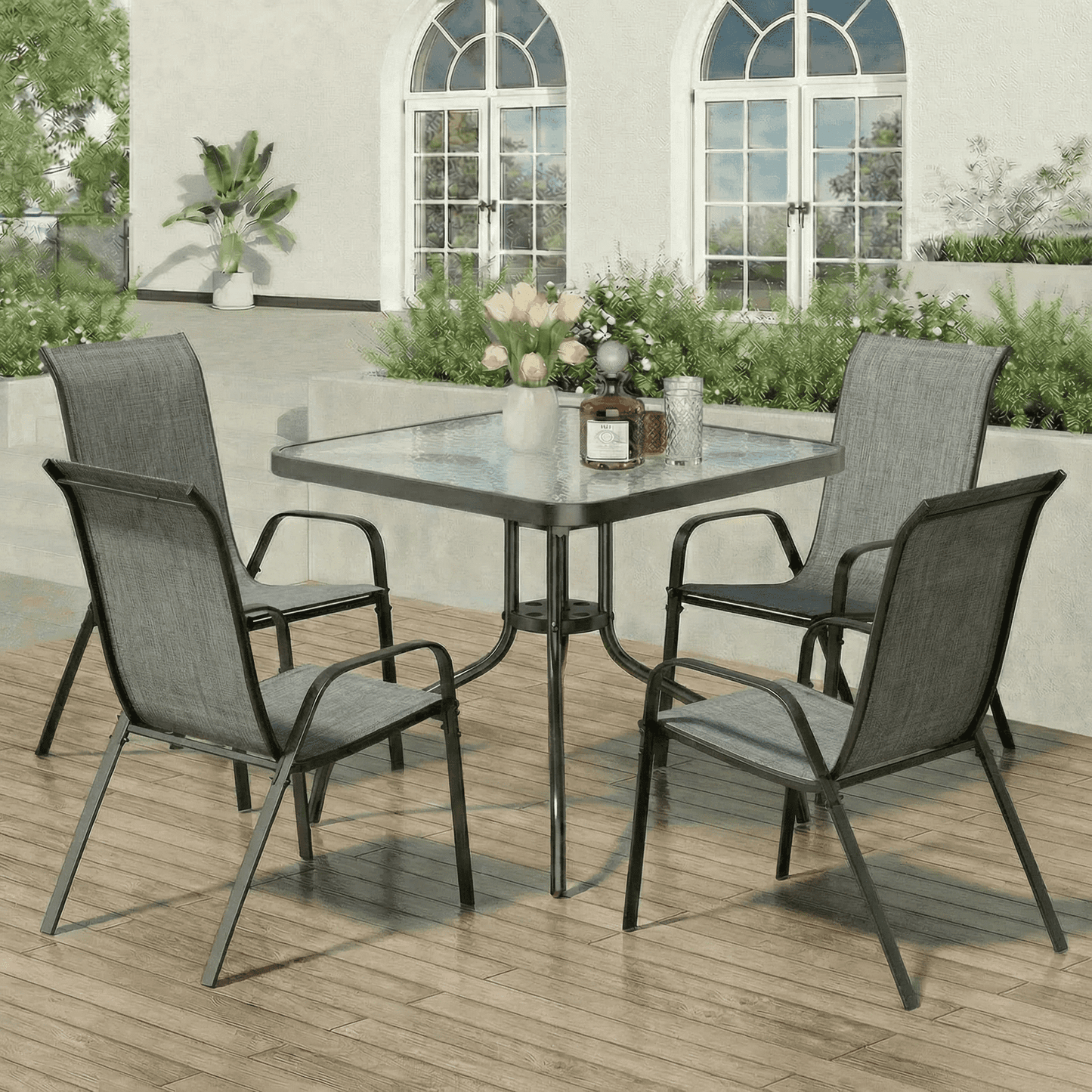 Pirecart Patio Dining Set of 5, Outdoor Furniture Set with 4 Stackable Textilene Armchairs & Square Table