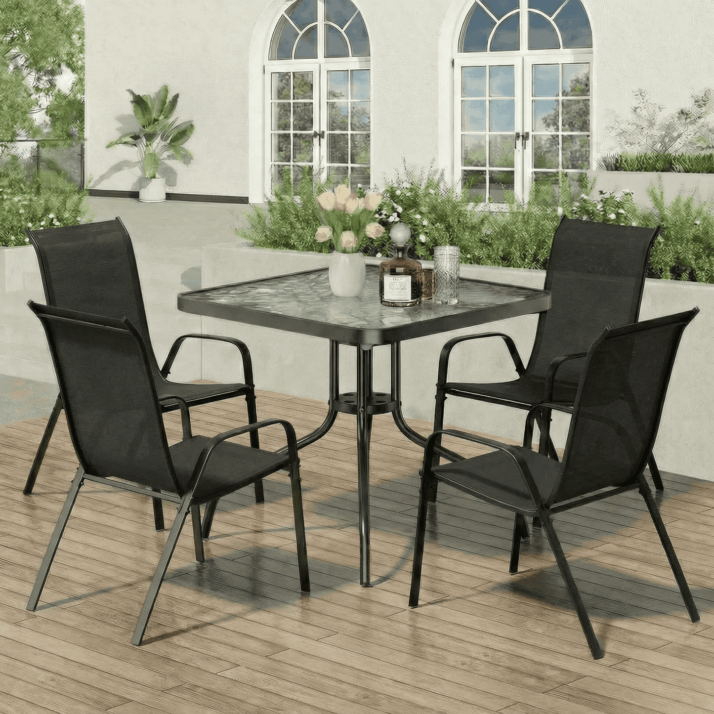 Pirecart Patio Dining Set of 5, Outdoor Furniture Set with 4 Stackable Textilene Armchairs & Square Table