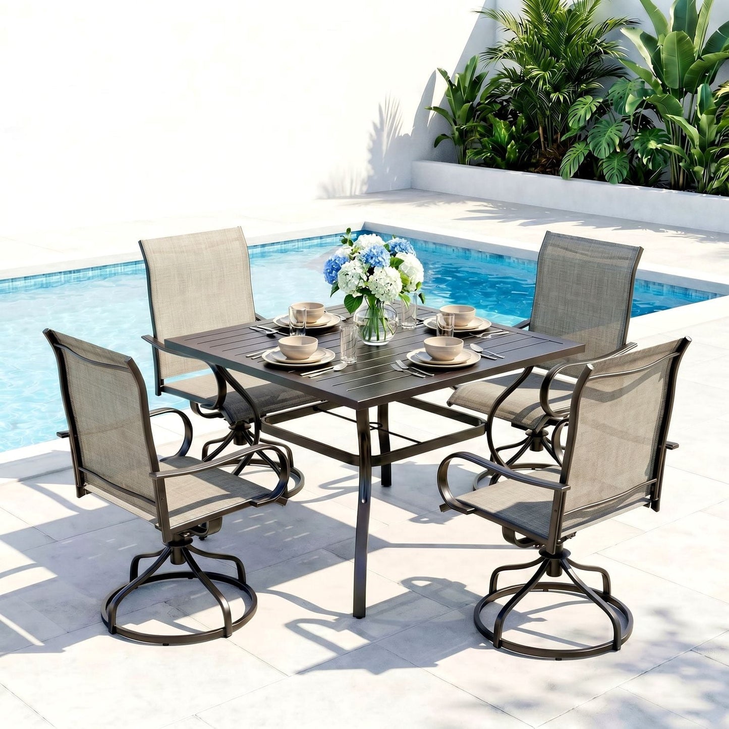 Pirecart 5 Piece Patio Dining Set, Outdoor Table and Chairs W/1.57"-1.8" Adjustable Umbrella Hole, 37" Square Metal Table and 4 Patio 360° Swivel Chairs
