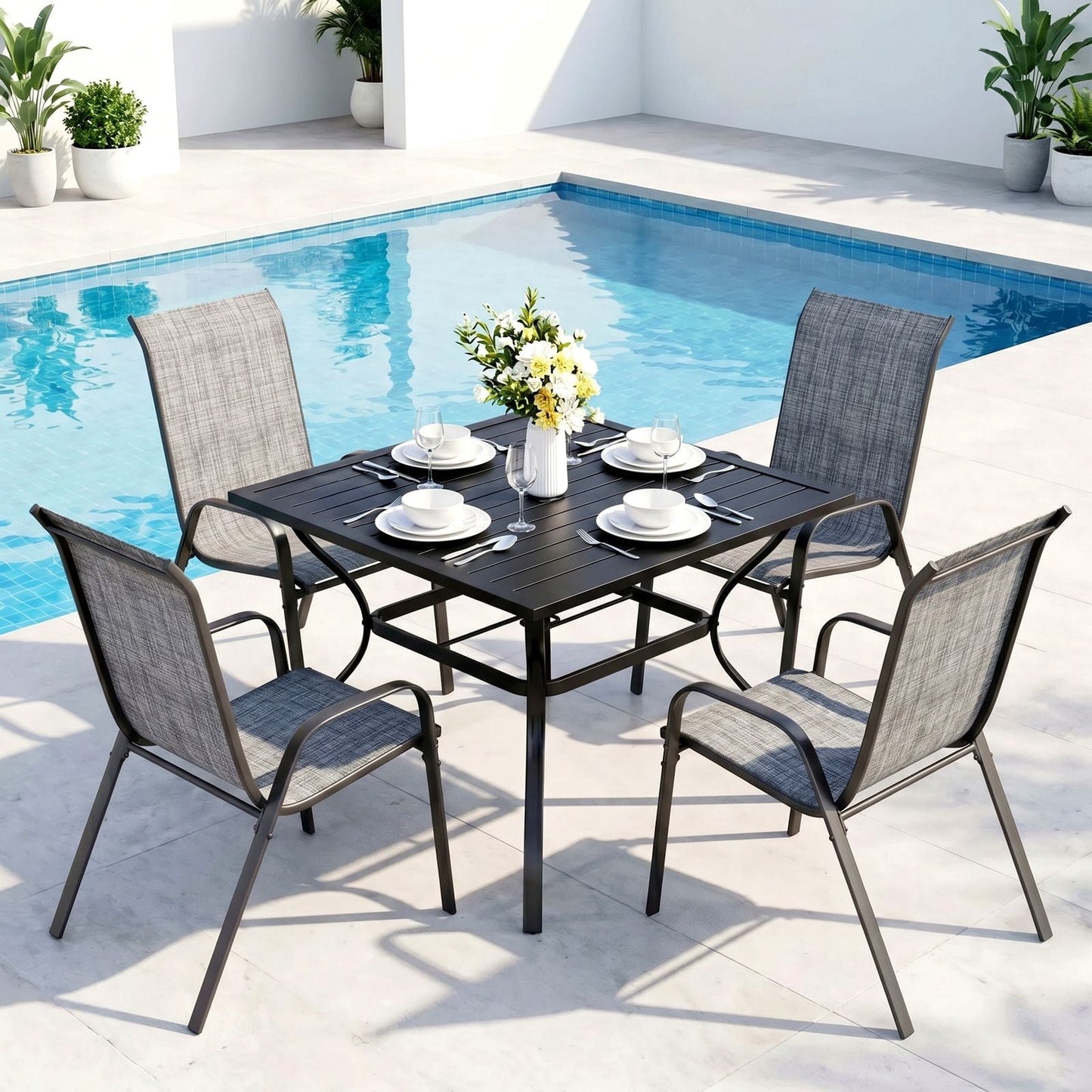 Pirecart Outdoor Dining Set of 5, Patio Dining Set W/1.57"-1.8" Adjustable Umbrella Hole & Foot Pads, All Weather 37" Square Metal Table and 4 Stackable Textilene Chair