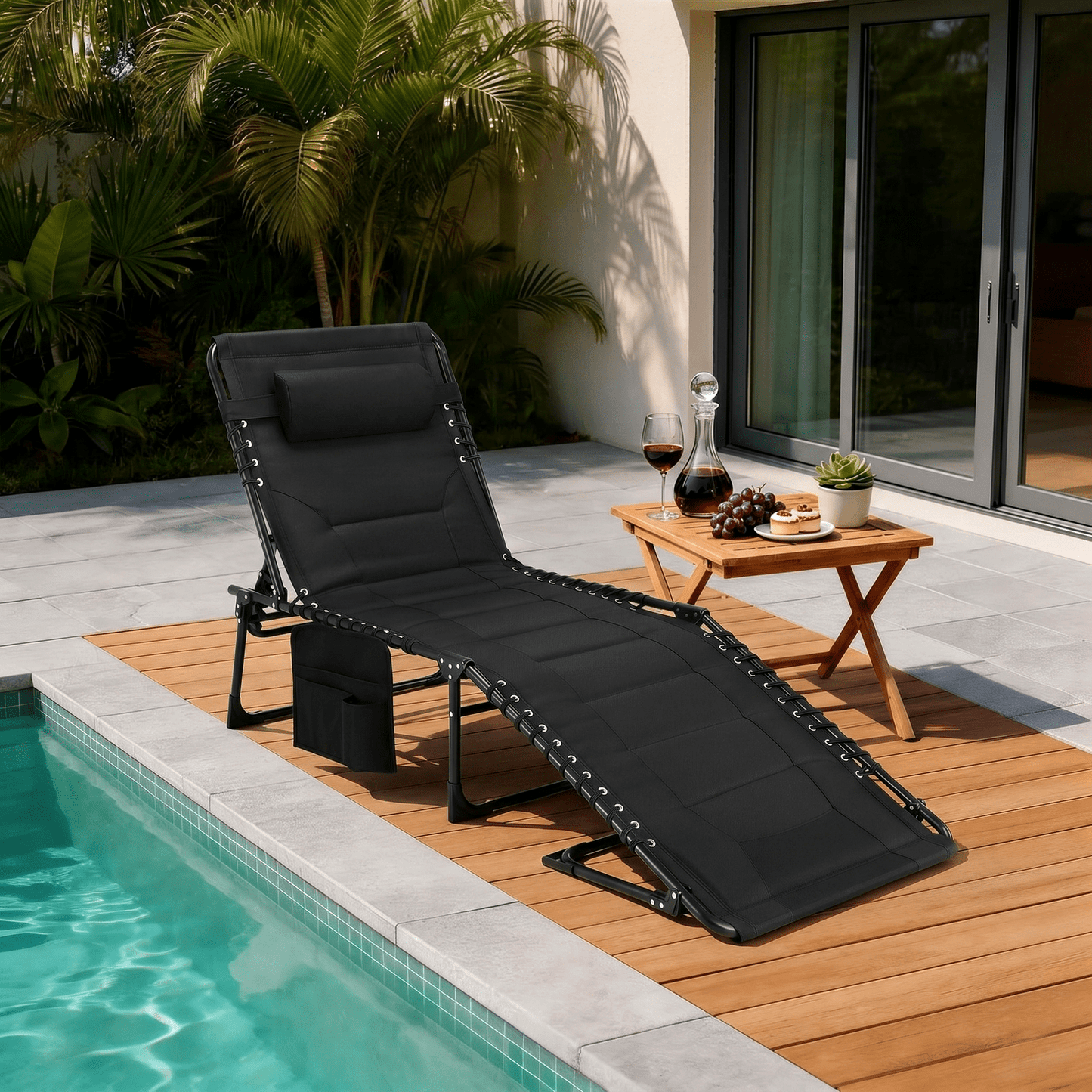 Pirecart 5-Position Adjustable Lounge Chair, Padded Folding Tanning Bed Chaise Lounge Chair, with Pillow, Side Pocket, Carrying Handle