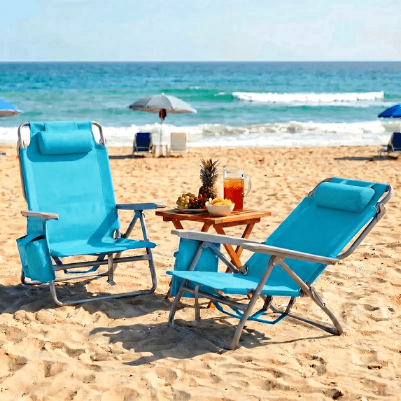 Foldable Beach Chair, 5-Position Lay Flat Reclining Beach Chair W/ Headrest, Storage Bag, Cooler Pouch,Towel Bar, Foot Mat