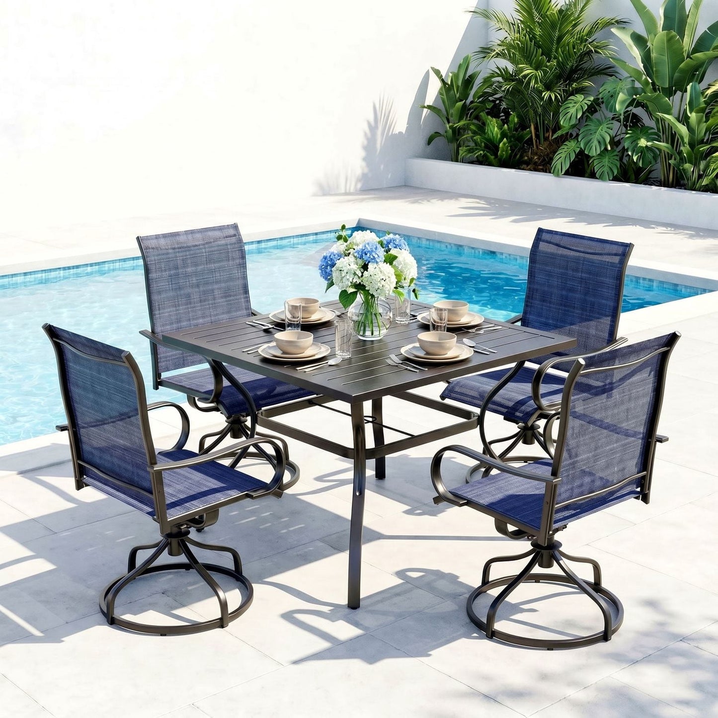 Pirecart 5 Piece Patio Dining Set, Outdoor Table and Chairs W/1.57"-1.8" Adjustable Umbrella Hole, 37" Square Metal Table and 4 Patio 360° Swivel Chairs