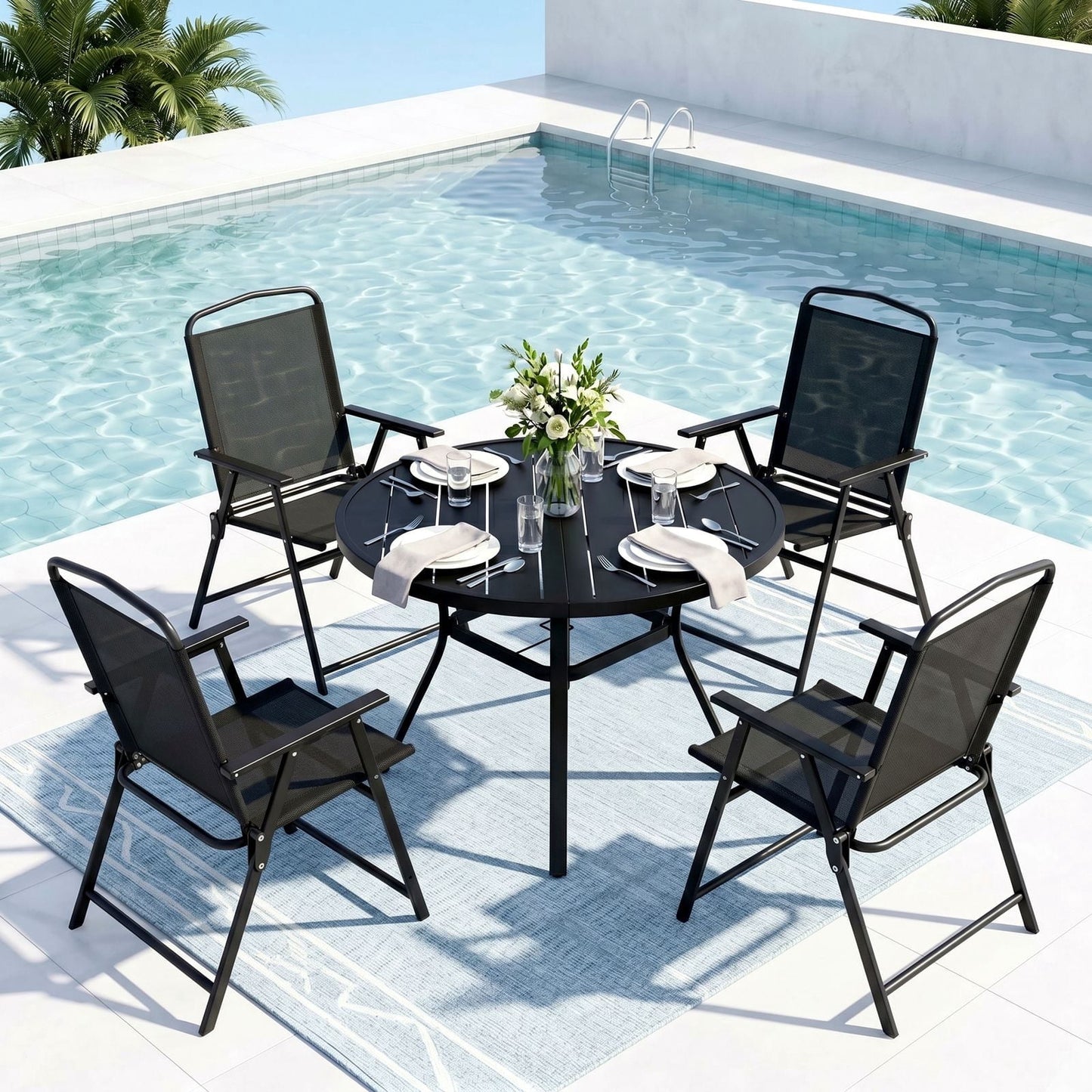 Pirecart 3/5Pcs Outdoor Dining Set, 2/4 Textilene Folding Chairs W/ 41.1" Round Dining Table, for Deck, Garden, Pool, Yard & Camping