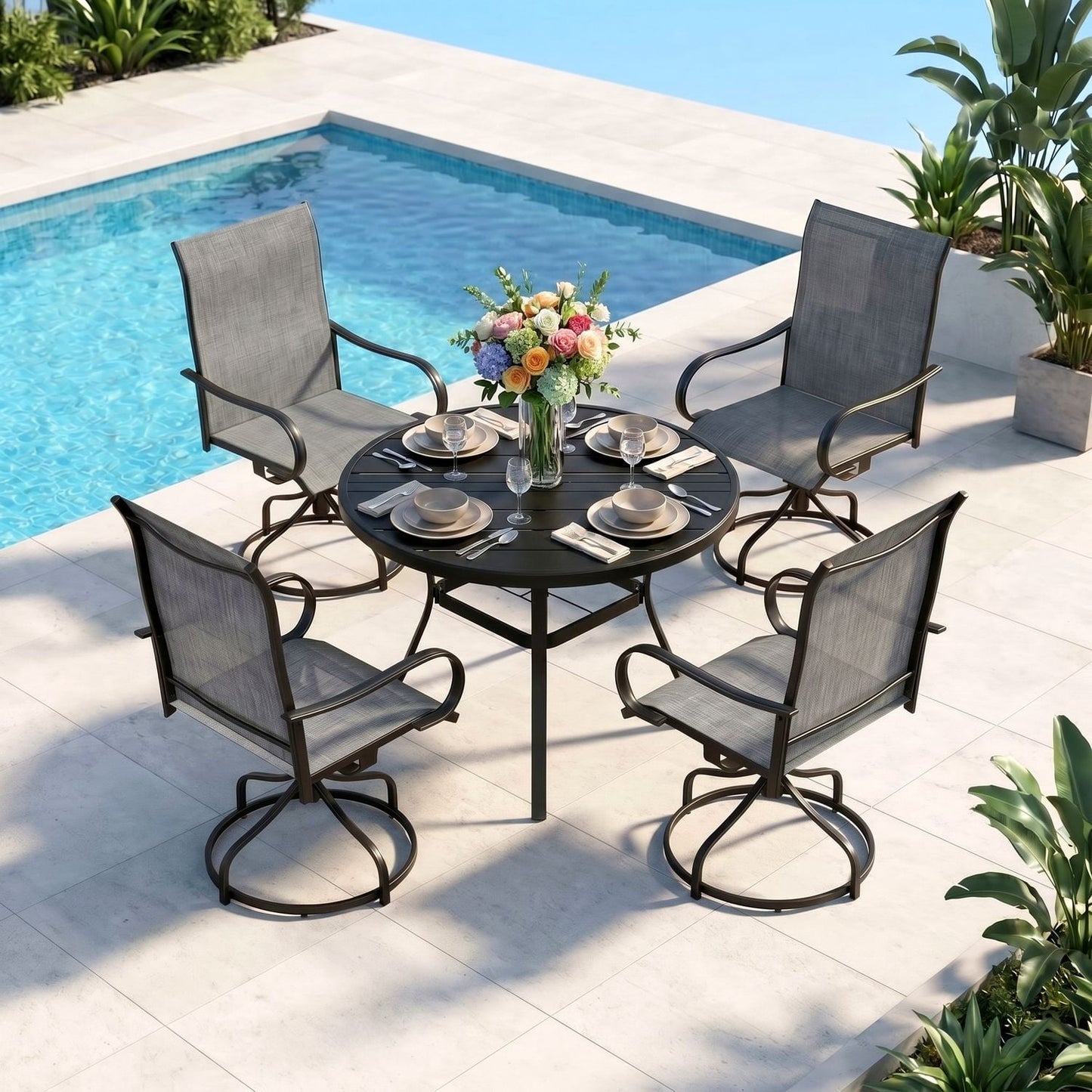 Pirecart 5Pcs Patio Dining Set, 4 Patio 360° Swivel Chairs & 42" Round Metal Table W/1.57"-1.8" Adjustable Umbrella Hole, Outdoor Table and Chairs Set