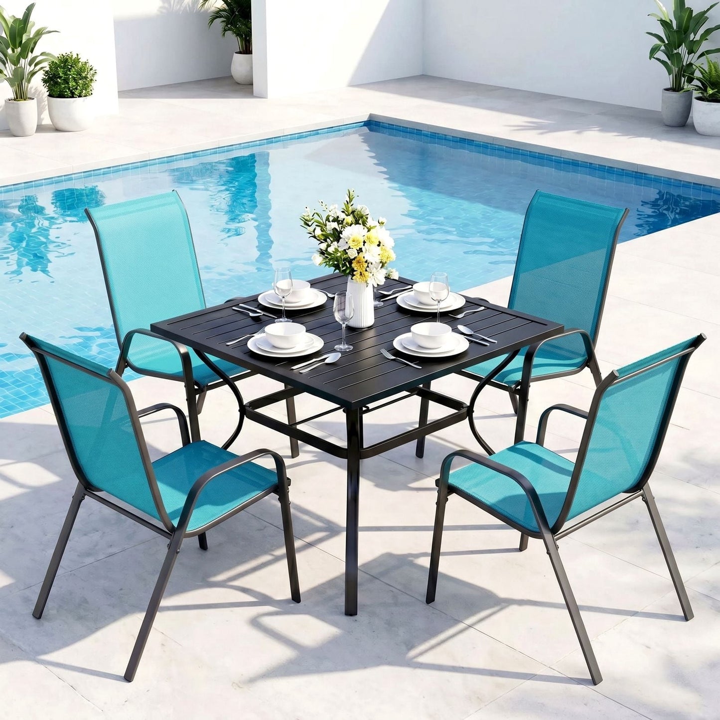 Pirecart Outdoor Dining Set of 5, Patio Dining Set W/1.57"-1.8" Adjustable Umbrella Hole & Foot Pads, All Weather 37" Square Metal Table and 4 Stackable Textilene Chair