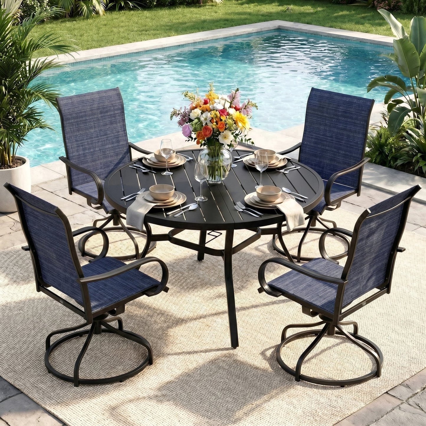Pirecart Outdoor Table and Chairs Set for 4, Patio Dining Set with 4 Textilene Fabric Swivel Chairs and 47.2" Round Metal Table, 1.57"-1.8" Adjustable Umbrella Hole & Foot Pads