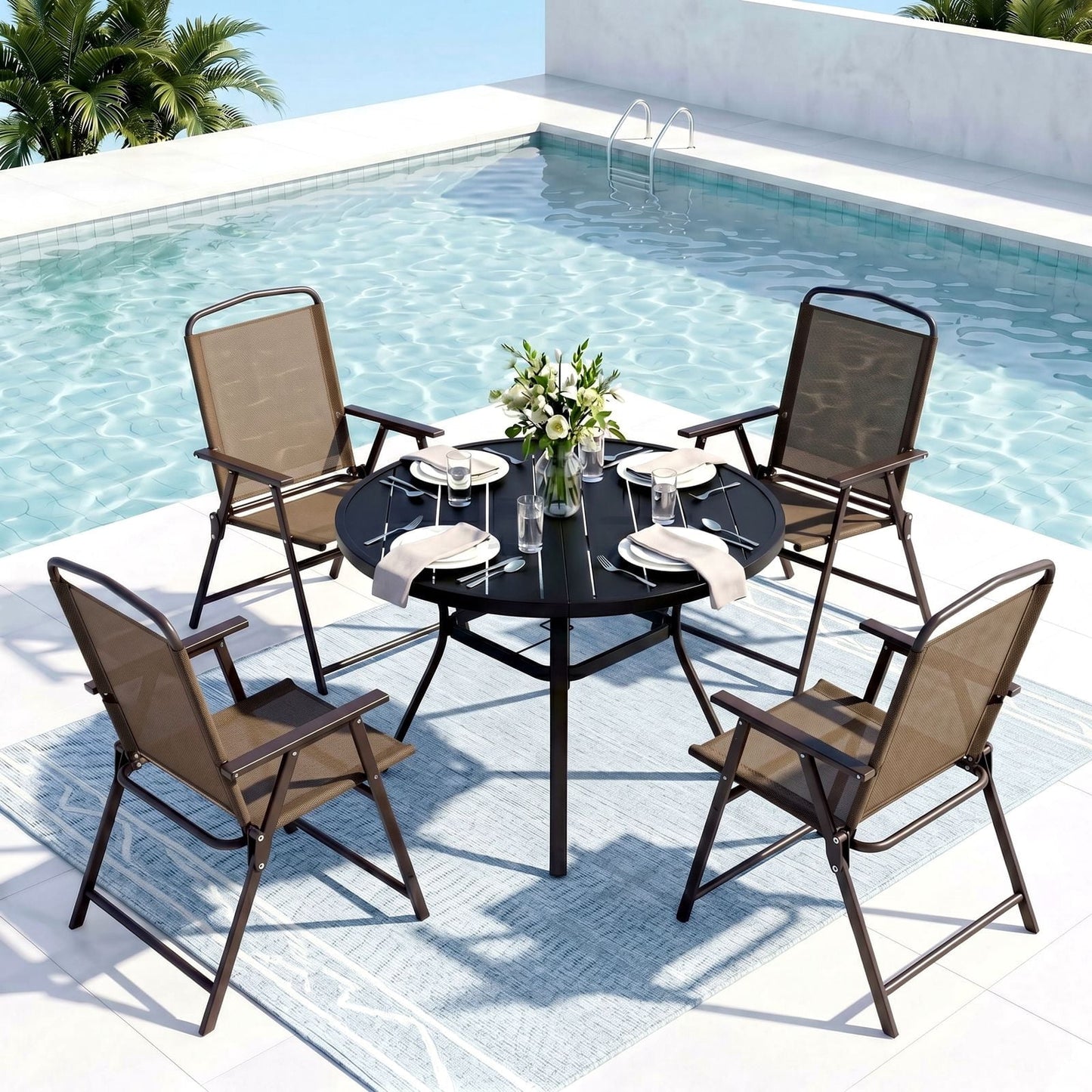 Pirecart 3/5Pcs Outdoor Dining Set, 2/4 Textilene Folding Chairs W/ 41.1" Round Dining Table, for Deck, Garden, Pool, Yard & Camping